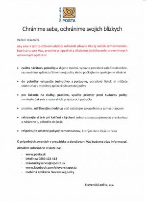 Opatrenia zavedené Slovenskou poštou - prosíme o dodržiavanie 1